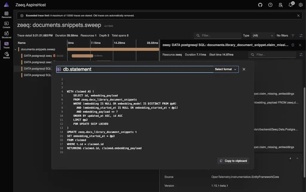 Example of the telemetry in the dashboard