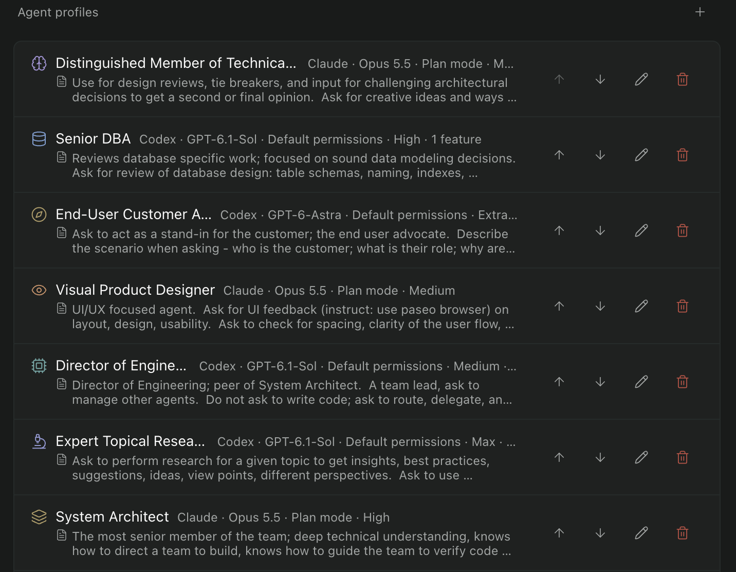 Agent profiles configured in Paseo